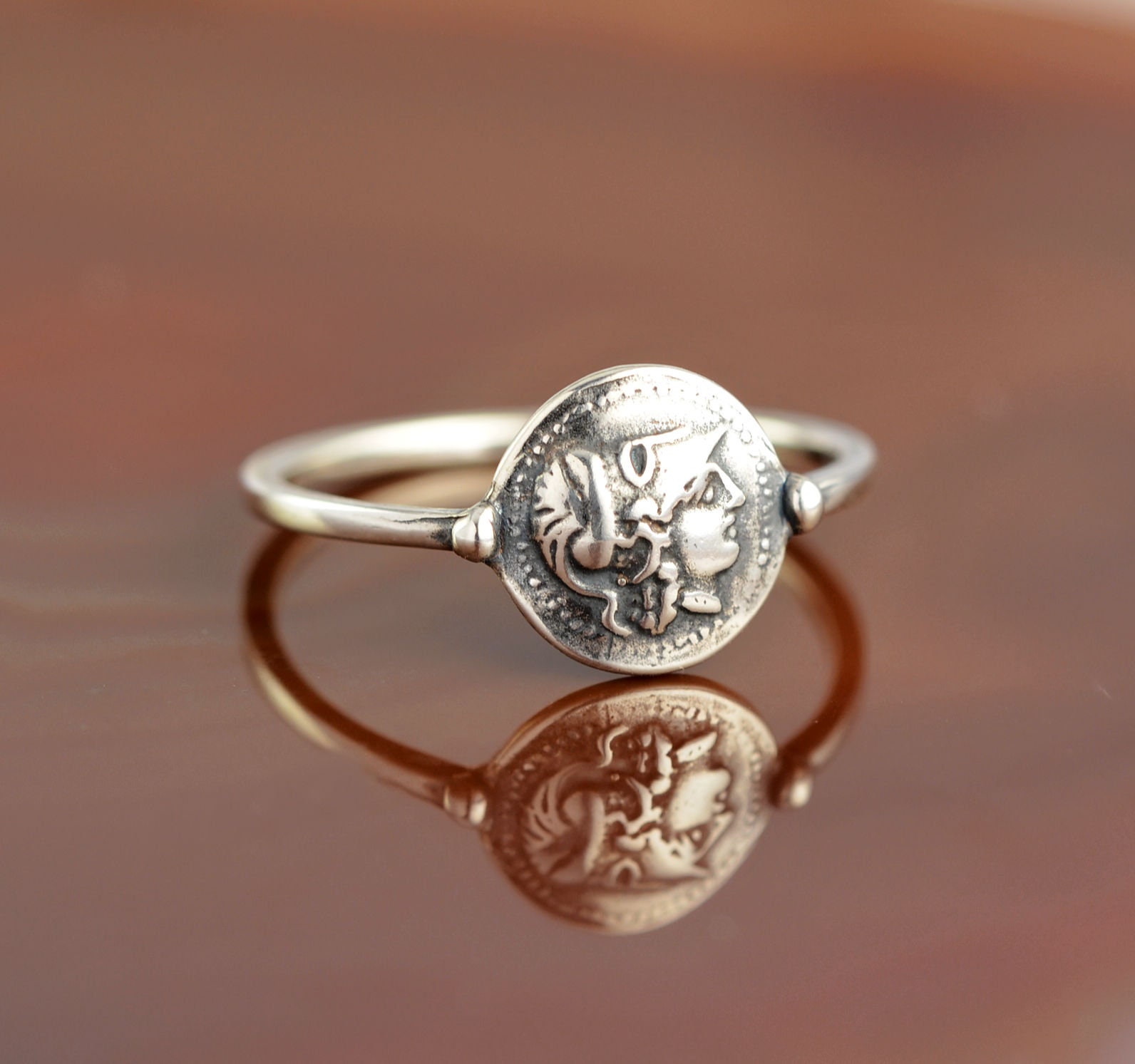 Athena Coin Silver Ring, Antique Greek Jewelry, Boho Bohemian