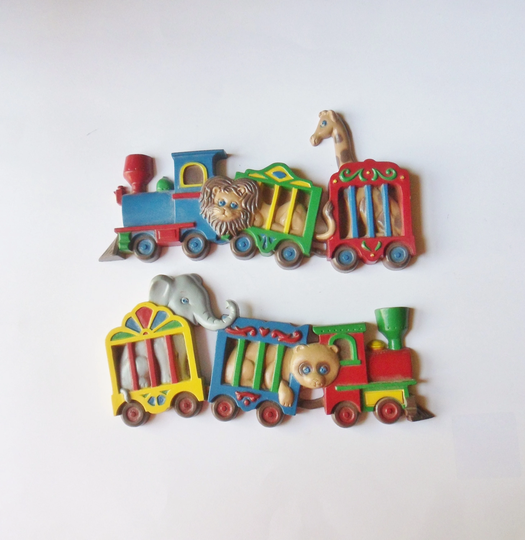 Zoo Train Wall Plaques, Pair Of Burwood Plastic Animal Hangings, Home Interiors Plaques