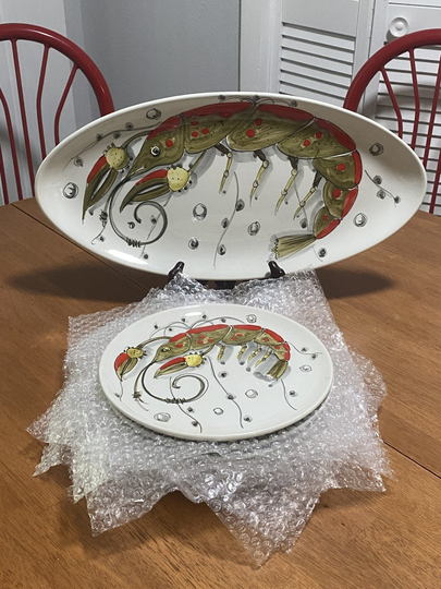 Vintage 7-Piece Seafood Serving Set, Mancioli, B. Altman, Platter & 6 Plates Hand Painted, Vintage, Unique, Antique, Oval Long