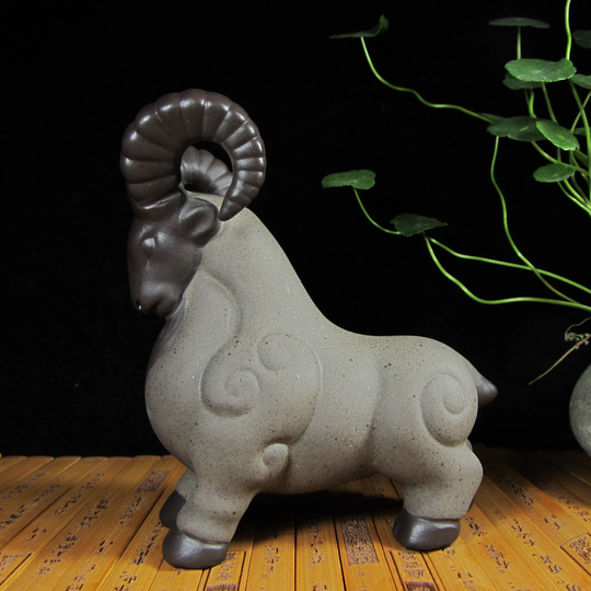 Yixing Zisha Purple Sand Clay Pottery Tea Pet Home Decor Sheep Ram Figures Figurine Horn Fengshui Table Ornament