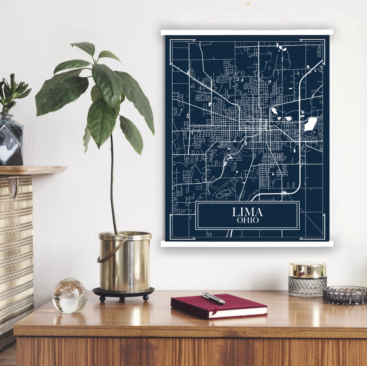 Lima Ohio Blueprint Street Map | Hanging Canvas Of Printed Marketplace