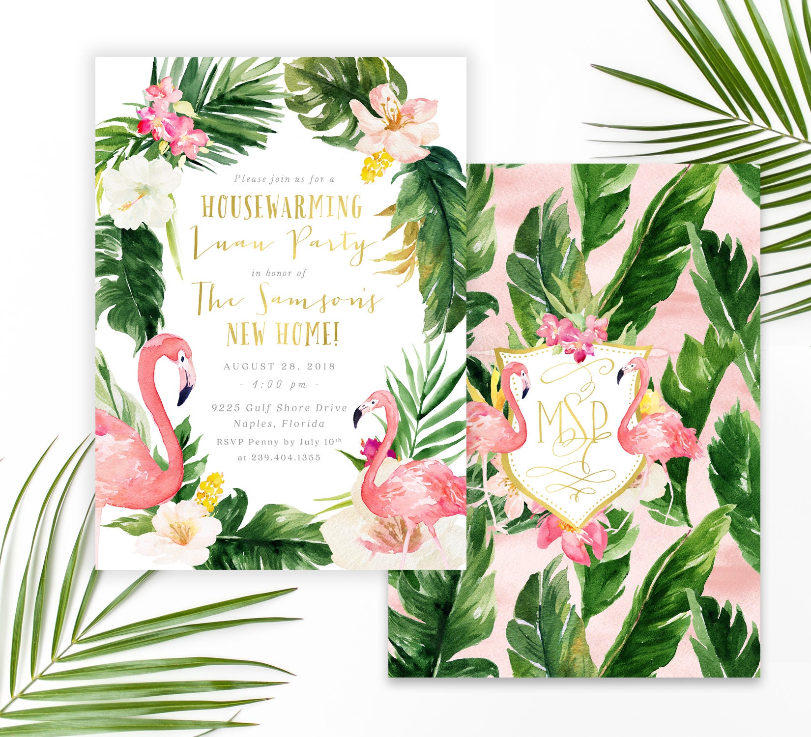 Housewarming Luau Party Invitation, Flamingo Invite, Summer Tropical Gold - Maya