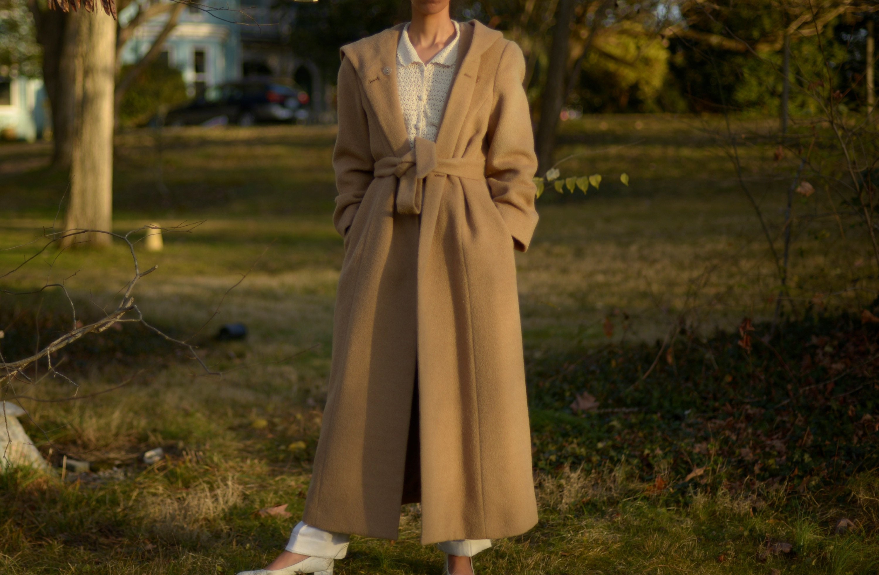 90S Tan Wool Alpaca Blend Full Length Hooded Coat // Tagged Us 8, 42 Bust
