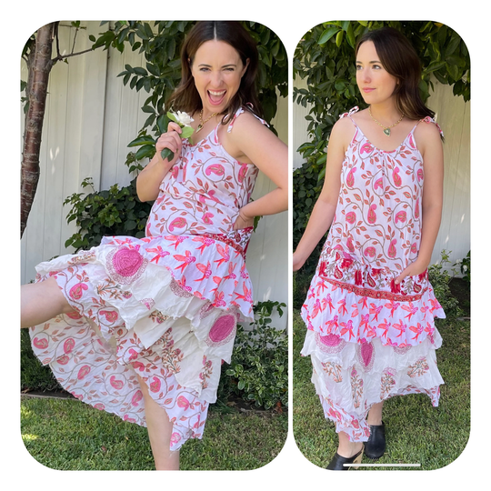 Pink Spaghetti Strap Prairie Dress With Layered Skirt & Mixed Cotton Prints Raw Edges