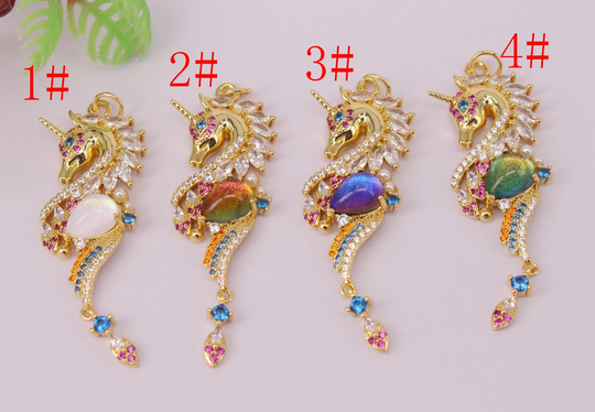 Hot 4Pcs 19x46mm Gold Plated Hippocampus Shape Copper Metal Mixed Cz/Zircon & Glass Beads Connector Pendant/Earrings/Necklace/Charm