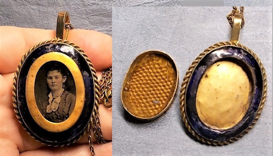 Tintype Mourning Hair Victorian in Brass Oval Brooch. Opens To Woven Tinted Keepsake Blue Enamel, Frames Necklace Added. Ooak