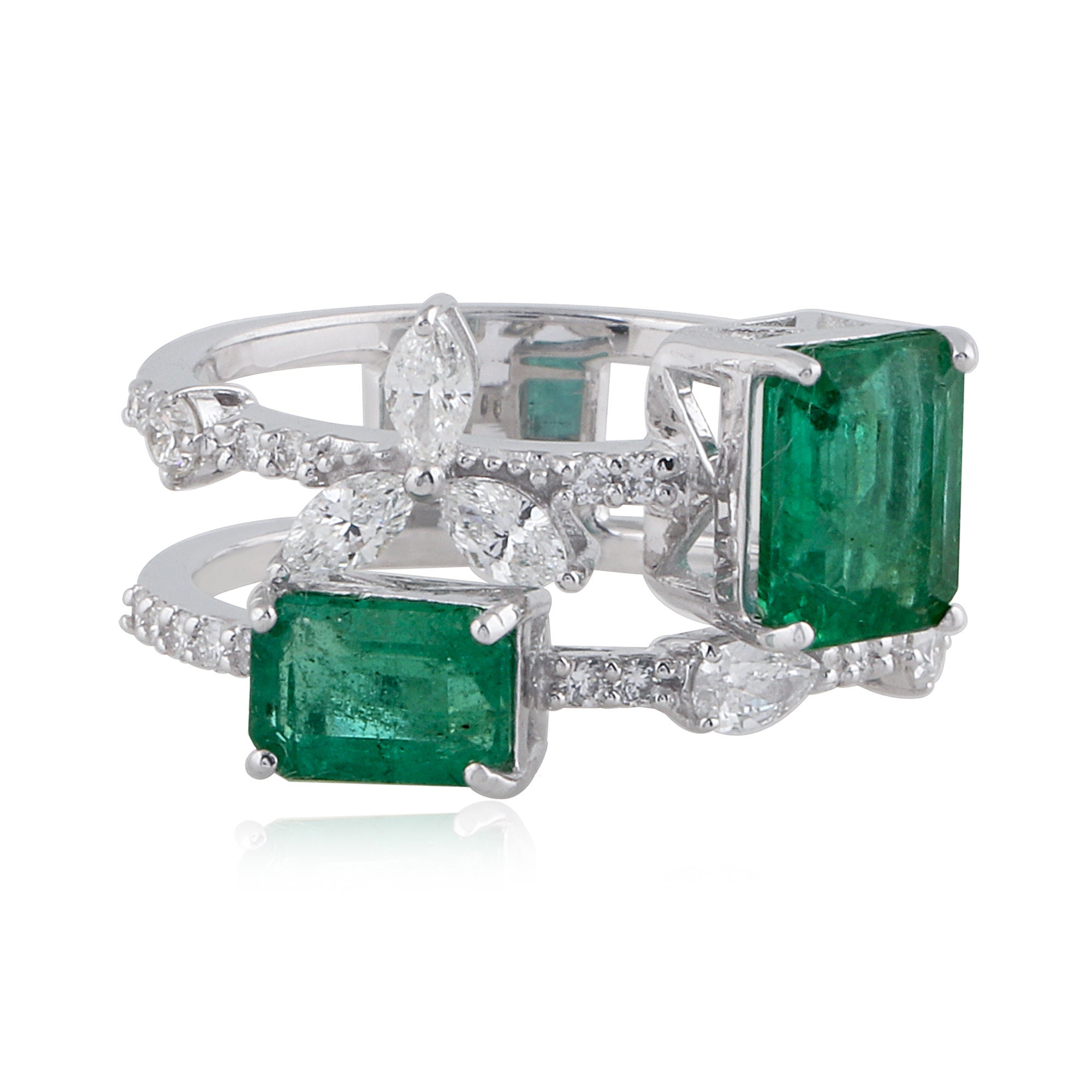 On Sale Double Band Emerald Diamond Ring 18K Gold Round, Pear & Marquise Diamonds Si Clarity Hi Color Certified Jewelry Gifts