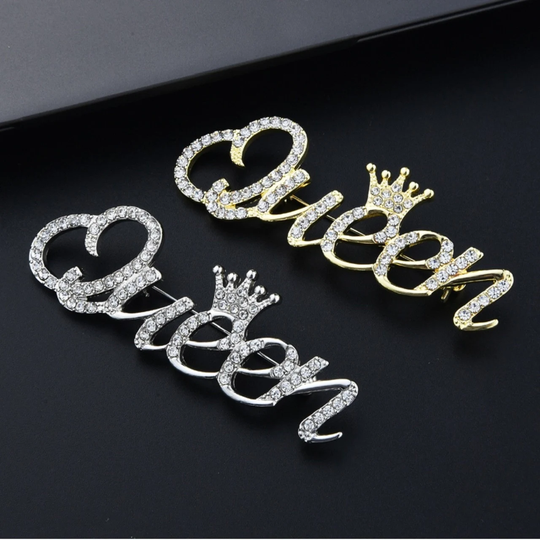 New Arrival Rhinestone Queen Brooches For Women 2-Color Crown Letters Pary Office Brooch Pins Gifts