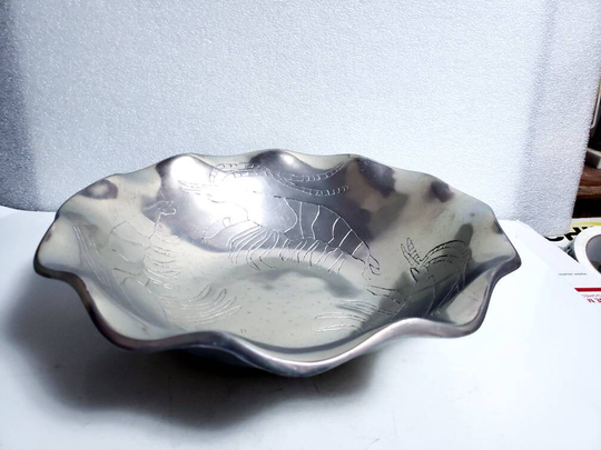 Vintage Hand Forged Wrought Aluminum Large 13" Salad Serving Bowl Scalloped Ruffled Rim, Engraved Shrimp Motif