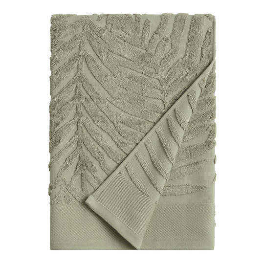 Sage Green Sculpted Palm Leaf Bath Towel: White - Cotton by World Market