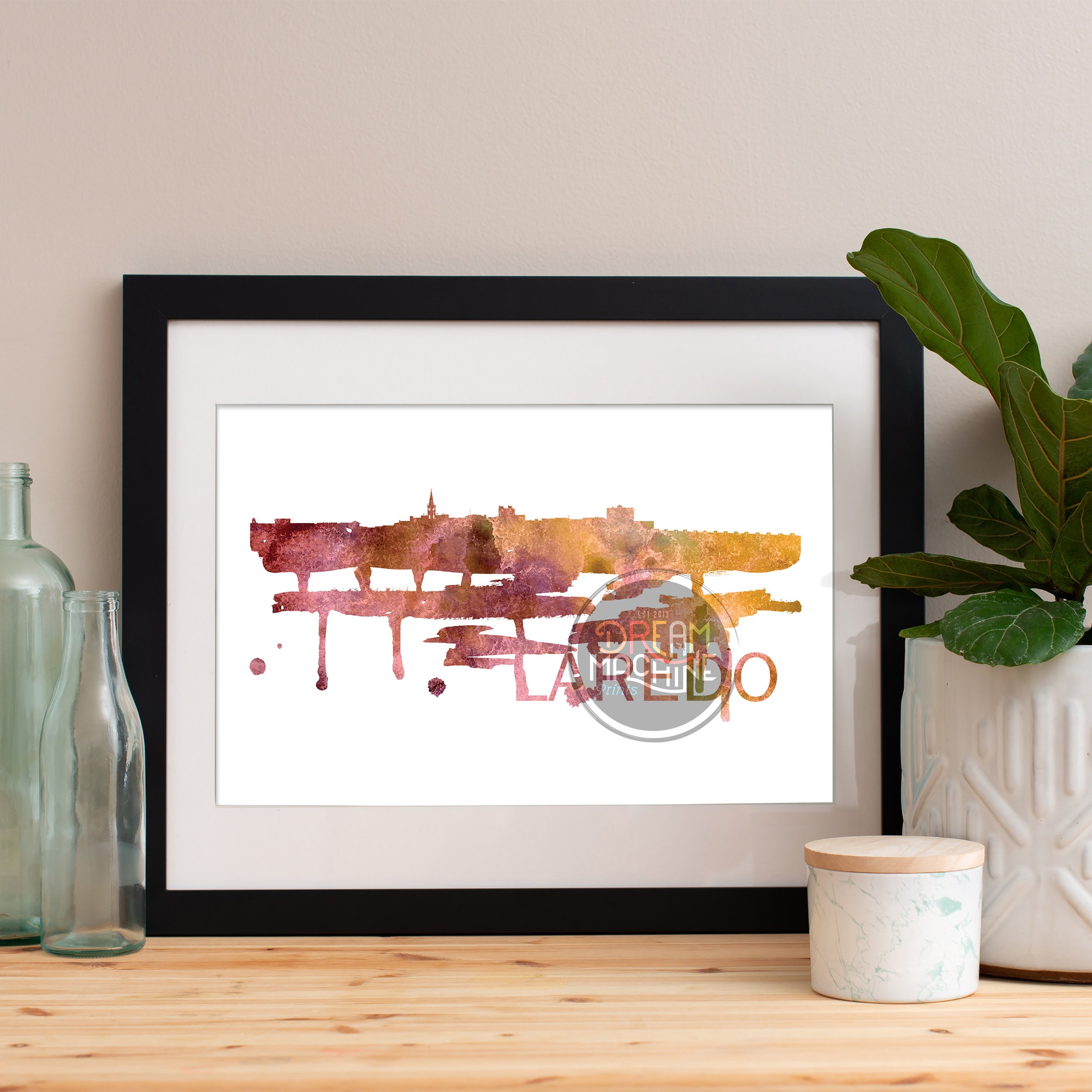 Laredo Watercolor Skyline, Art, Poster, Print, Map, Wall Texas Art