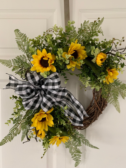 Sunflower Wreath, Front Door Wreath, Summer Spring Buffalo Check Farmhouse Wreath
