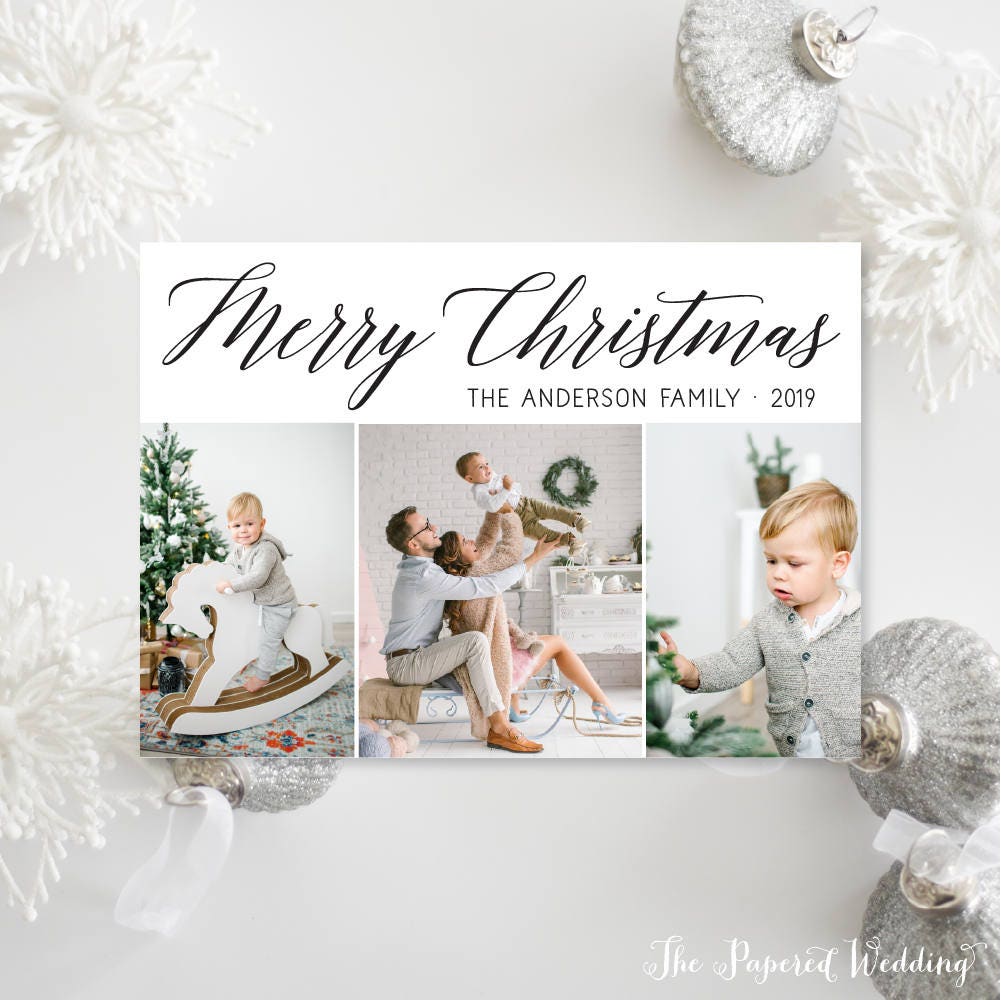 Printable Or Printed Photo Christmas Cards For Three Pictures - Merry Holiday Card With 3 Photos, Landscape 039 P3