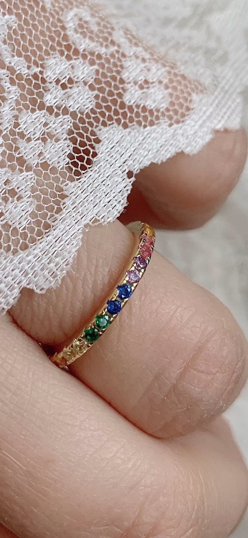 Violet, Rainbow Eternity Ring, 925 Silver 18K Gold Multicolor Stackable Vermeil Diamond Christmas Light, Gift For Her