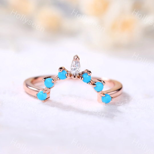 Turquoise Cz Diamond Wedding Band Rose Gold Engagement Ring U Shaped Curved Stackable Chevron Bridal Women Matching