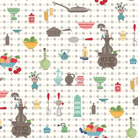 Lori Holt Cook Book Fabric By Riley Blake - White Kitchen "Wallpaper" The 1/2 Yard Or Fat Quarter