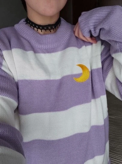 Pastel Lilac Sailor Moon Theme Knit Jumper, Sets Embroidery Sweater Harajuku Clothing, Kawaii Clothing Cute Sweater
