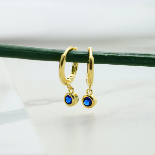 Sapphire Blue Bezel Huggie Earrings, Gold Drop Hoop Sterling Silver Dangle September Birthstone Earrings