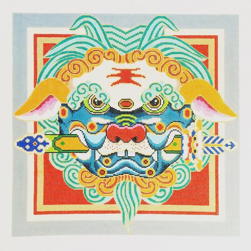Needlepoint Handpainted Lee Chinese Lion Head 16x16 -Free Us Shipping