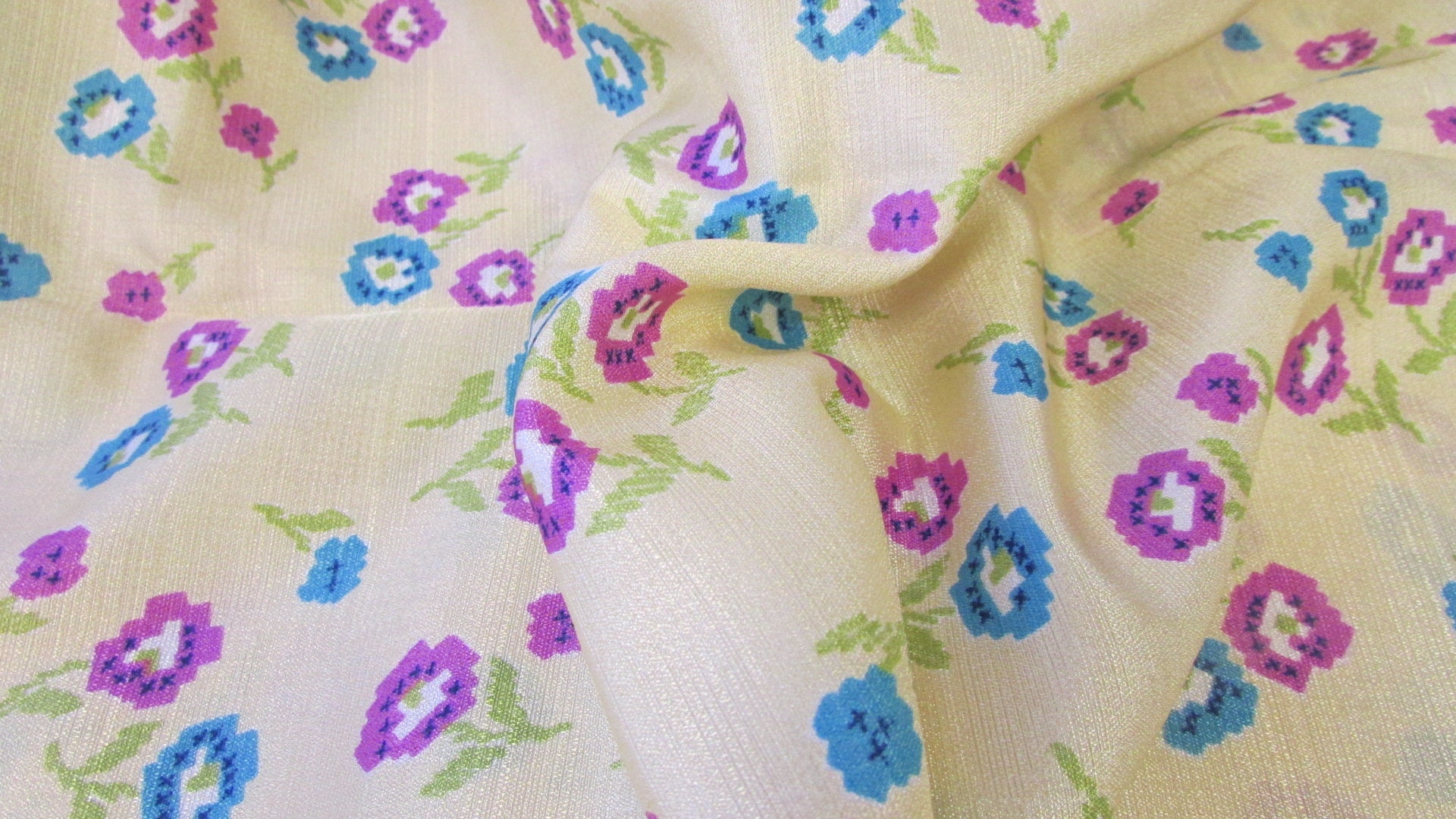 Vintage Polyester Blend Shiny Yellow Stiffer Floral Fabric 45 Wide Price Per Yard - Pale Yellow Fabric, Polyester Blend Fabric