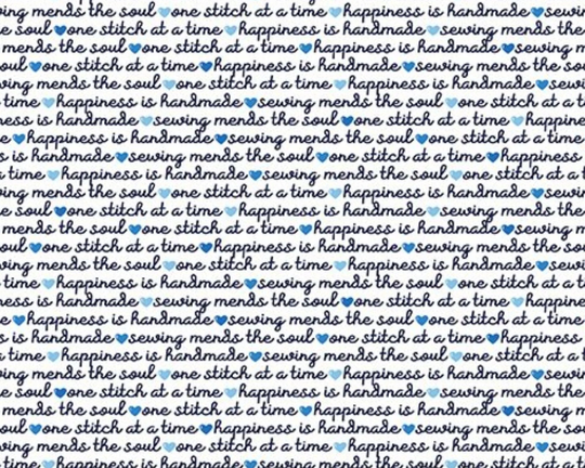 Sewing Words Blender Fabric, Blue Stitch Text By Riley Blake Quilting Cotton Phrases, Mends The Soul, Hearts