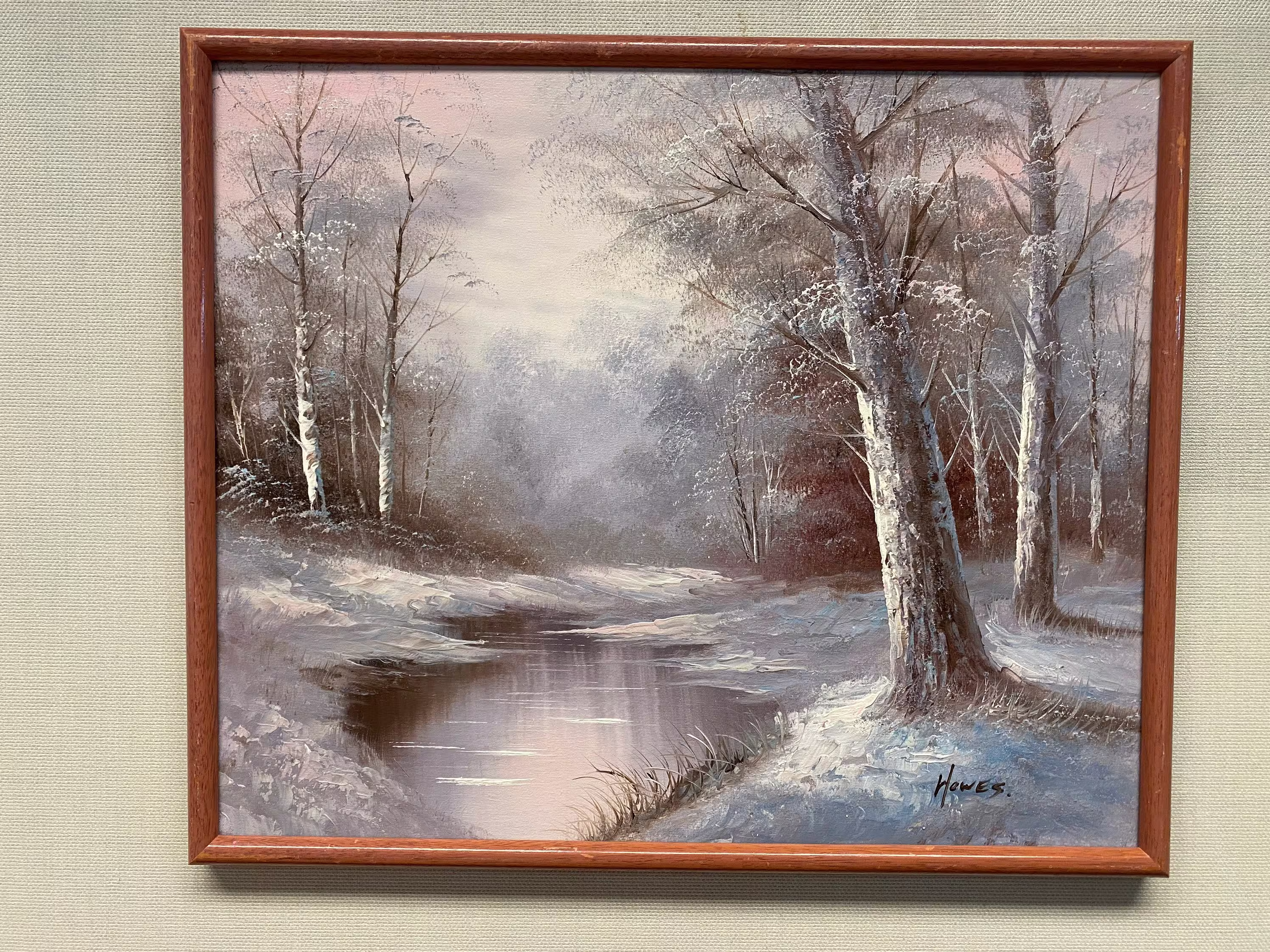 Vintage Winter Landscape Oil Painting Of A Forest Scene in Wooden Frame Signed By Artist