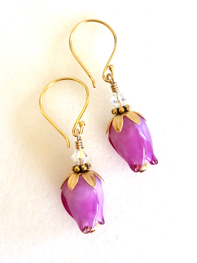 Pink Tulip Earrings, Lampwork Raspberry Tulips, Artisan Handmade Lampwork, Spring Flowers, Bridal, Gold Vermeil, Sterling Silver