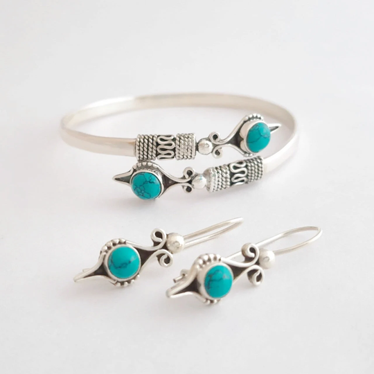 Genuine Turquoise Jewelry Set in Sterling Silver 925, Bracelet & Earrings, Firoza, Feroza Set