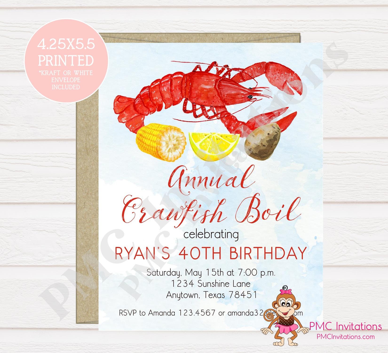 Custom Printed 4.25x5.5 Crawfish Boil Invitation, Crawfish, Cajun Seafood, Birthday, Kraft Or White Envelope Included