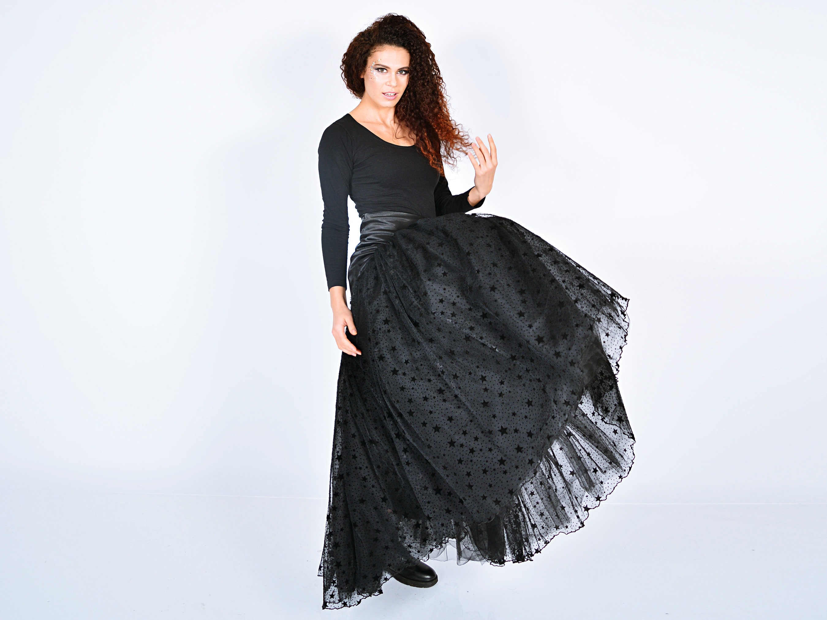 stars Skirt/ Black Long Tulle Satin High Waisted Celestial Pattern