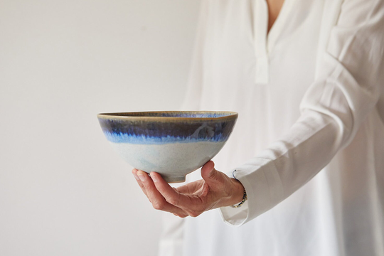 Set Of 2 Ceramic Ramen Bowls, Light Gray & Dark Blue Soup Bowl Set, Handmade Dinner Pottery Salad Serving Modern Bowls