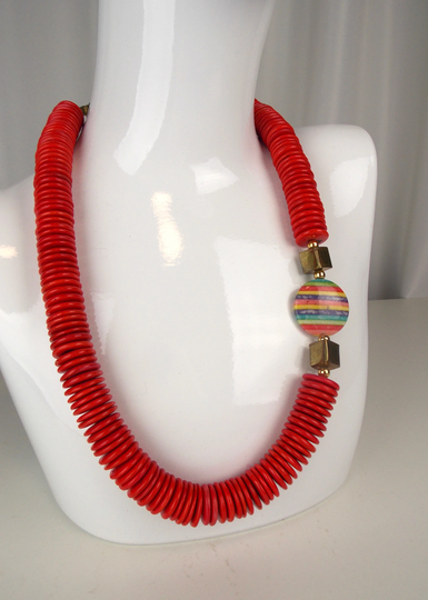 Vintage Red Wood Disc Necklace 1980's