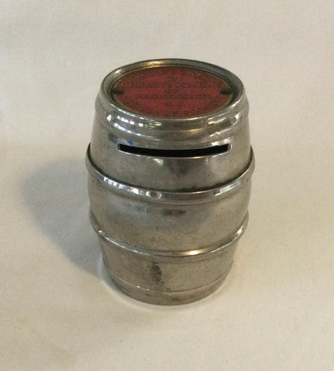Vintage People's Trust & Guarantee Co.of Hackensack N.j. Souvenir Metal Barrel Coin Bank