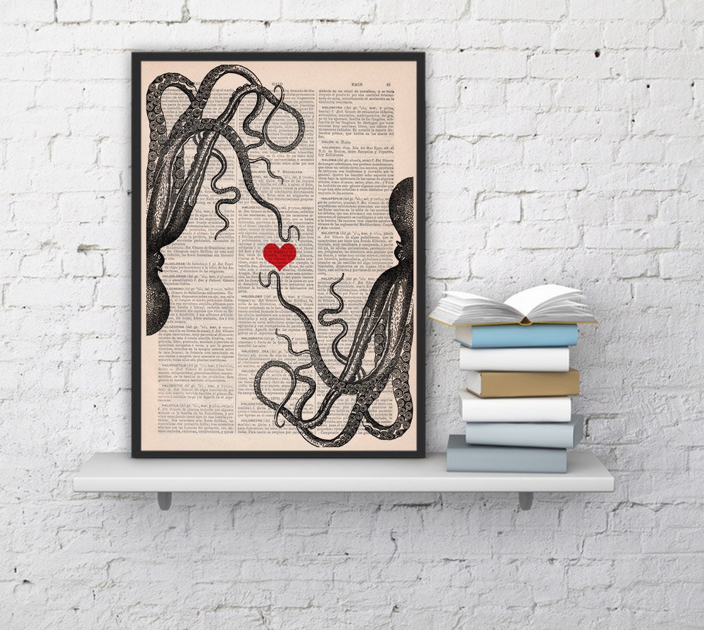 Octopus Dictionary Print - Vintage Art -Valentines Gift Sea Animal Nautical Wall Sea067
