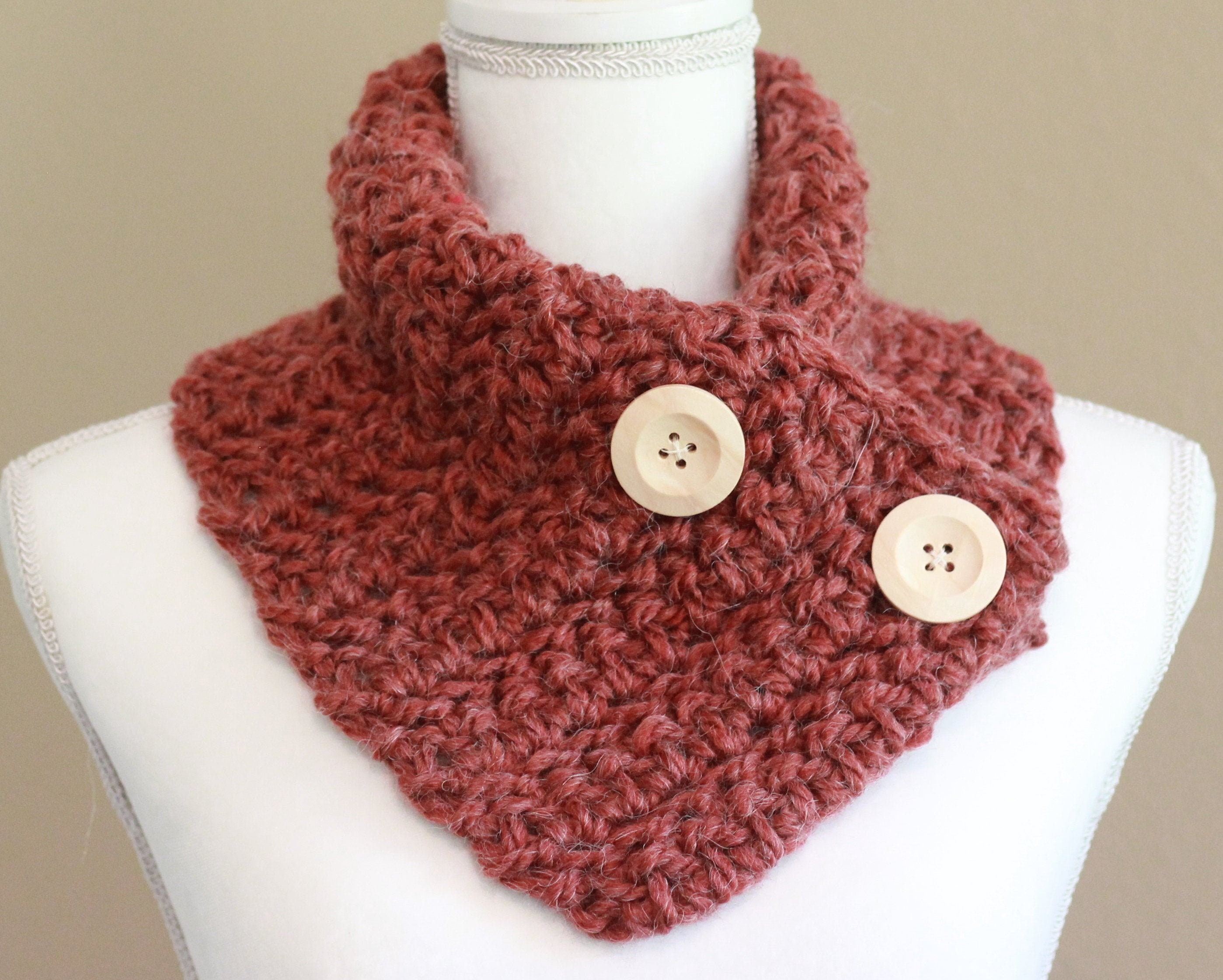 Soft Alpaca Blend Rust Chunky Neck Warmer Cowl Scarf, Wood Buttons, Crochet Knit, Christmas Gift Idea, Ready To Ship, Unique, Lady's, Teen