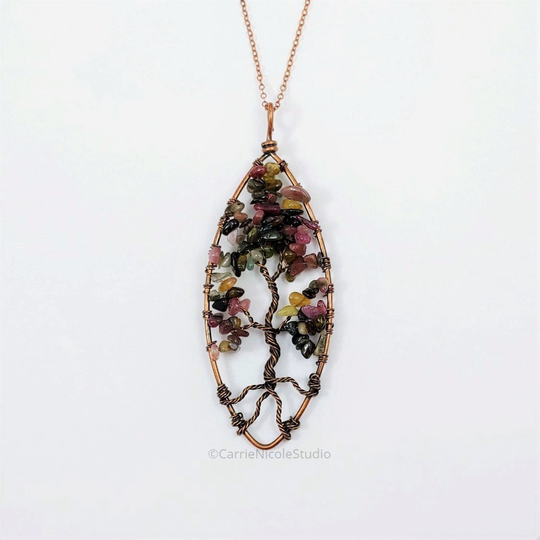 Tourmaline Tree Of Life Necklace/Beaded Copper Wire Wrapped Pendant Wrap Gift For Mom Wife Family