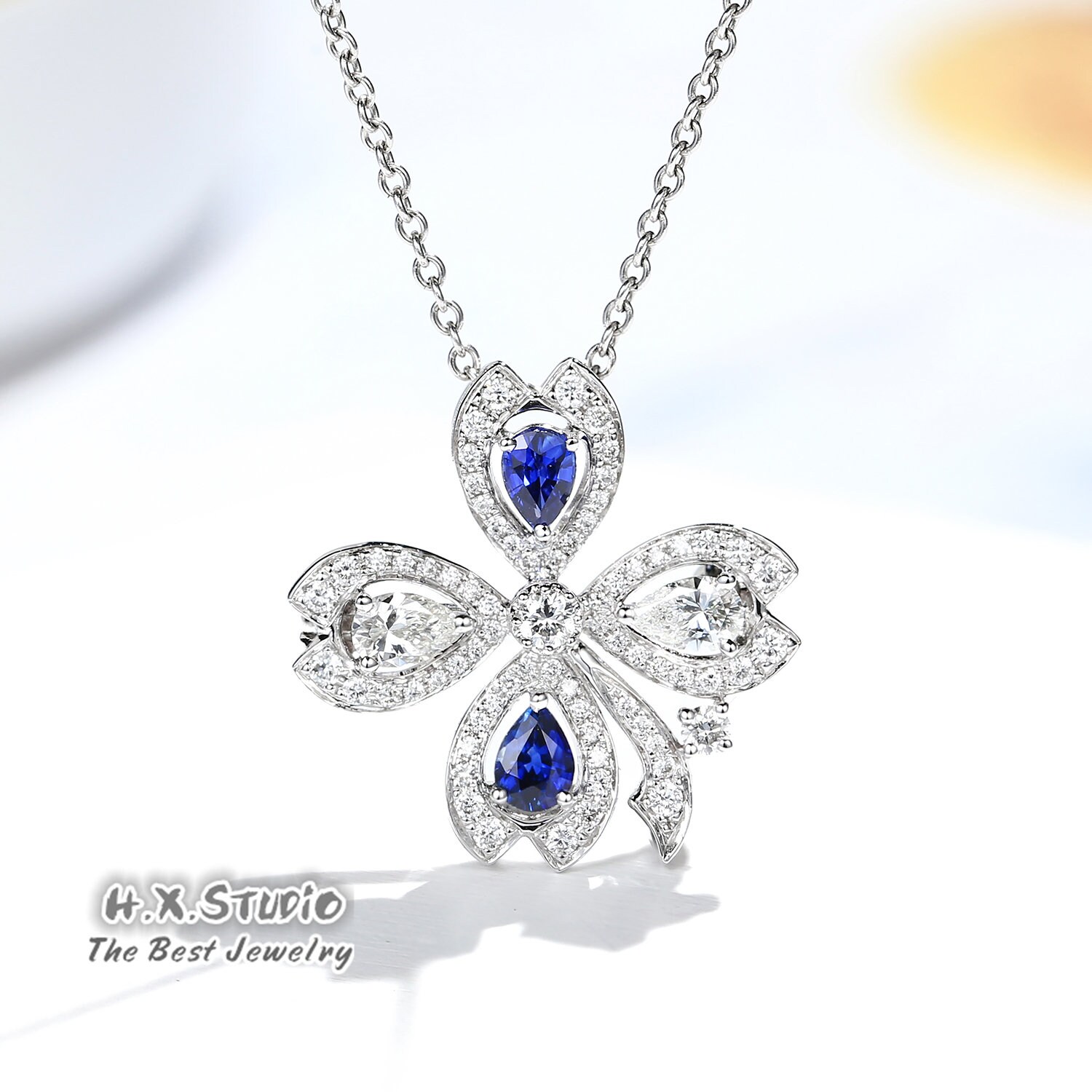 Diamond Sapphire Lucky Clover Pendant Necklace in Solid 18K Gold/Shamrock Necklace/Custom Jewelry/Gift For Women & Girls