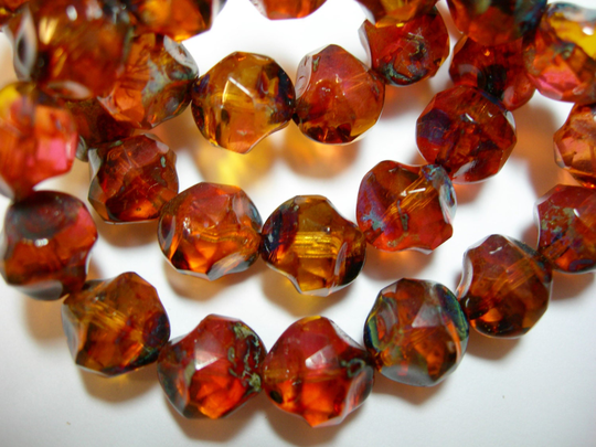 15 8mm Amber & Pink Blend Travertine Thru Cuts Czech Glass Beads