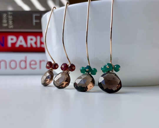 Smoky Quartz -Green Onyx, Or -Garnet Earrings 14K Gold Filled