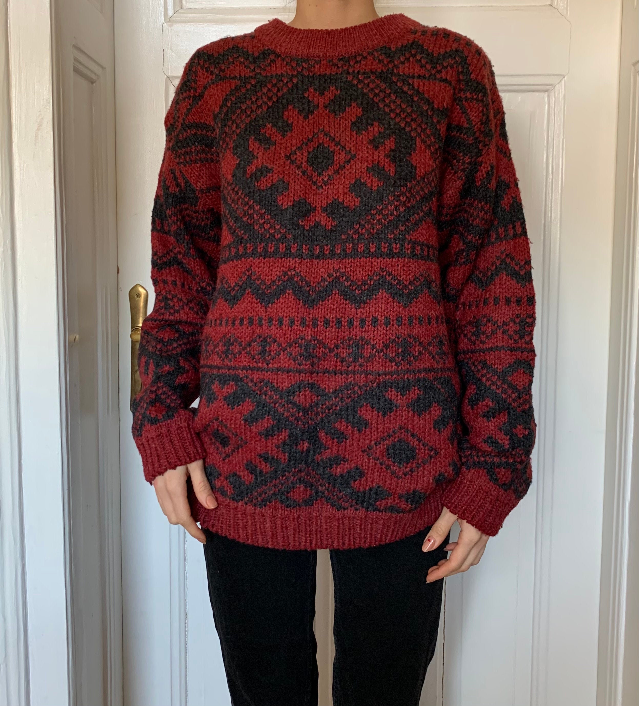 Vintage 90's Wool Blend Chunky Knit Red & Grey Black Knitted Crewneck Oversized Sweater Pullover Jumper Size M Men