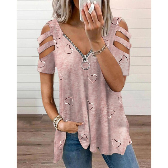 Casual Loosen V Neck Cotton Blend Geometric T-shirt - Pink, 4XL
