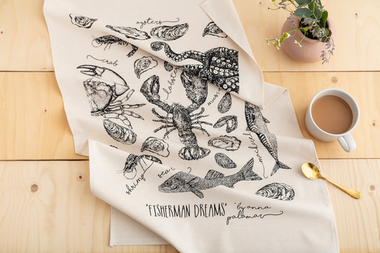 Sea Tea Towel "Fisherman Dreams' Silk Screen Printed Seafood