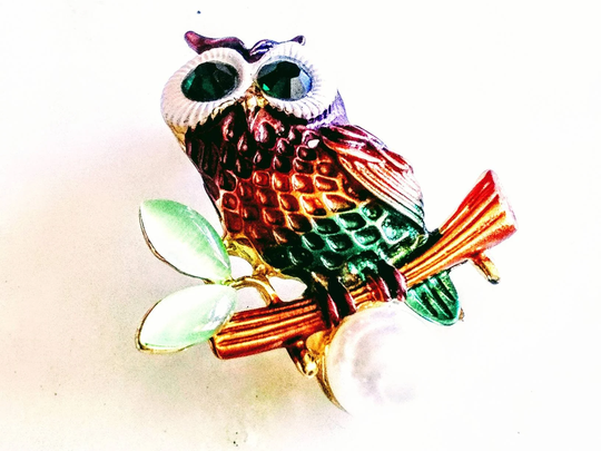 Moonglow Owl Brooch Adorable Animal/Bird Pin/Accessory Holiday Season Jewelry Big Green Eyes Bright Autumn Fall Enamel Colors Gold Tone