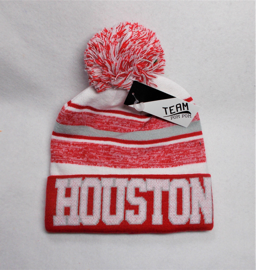 Houston Red/Silver/White Blended Tri Color Pom Beanie. Adult One Size Will Easily Stretch To Fit Most All Great Quality Warm