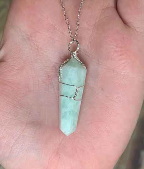 Wire Wrapped Amazonite Point Necklace, Terminated Point, Wrap Throat Chakra, Creativity Stone, Blue Necklace