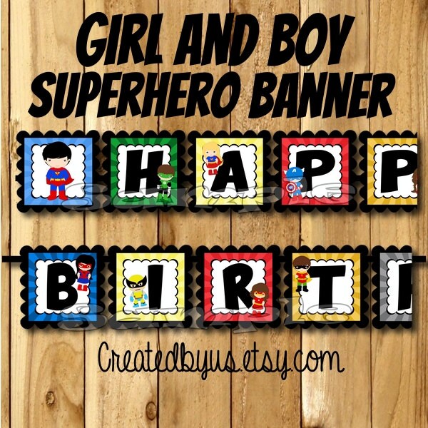 Girl & Boy Superhero Birthday Banner Super Hero Party Banner Decorations Decor Theme Birthday Name Comic Assembled