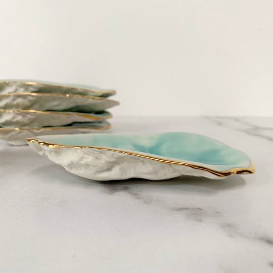 Blue Oyster Dish - Gold Trim Ceramic Ring Dish, Trinket Small Bowl, Beach Decor