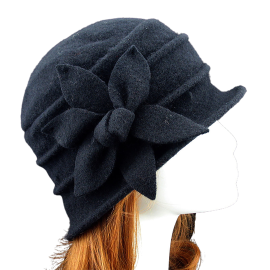 Flower Decor Felt Hat Solid Color Wool Blend Thick Warm Women Winter Hat Fashion Accessories - black, one size