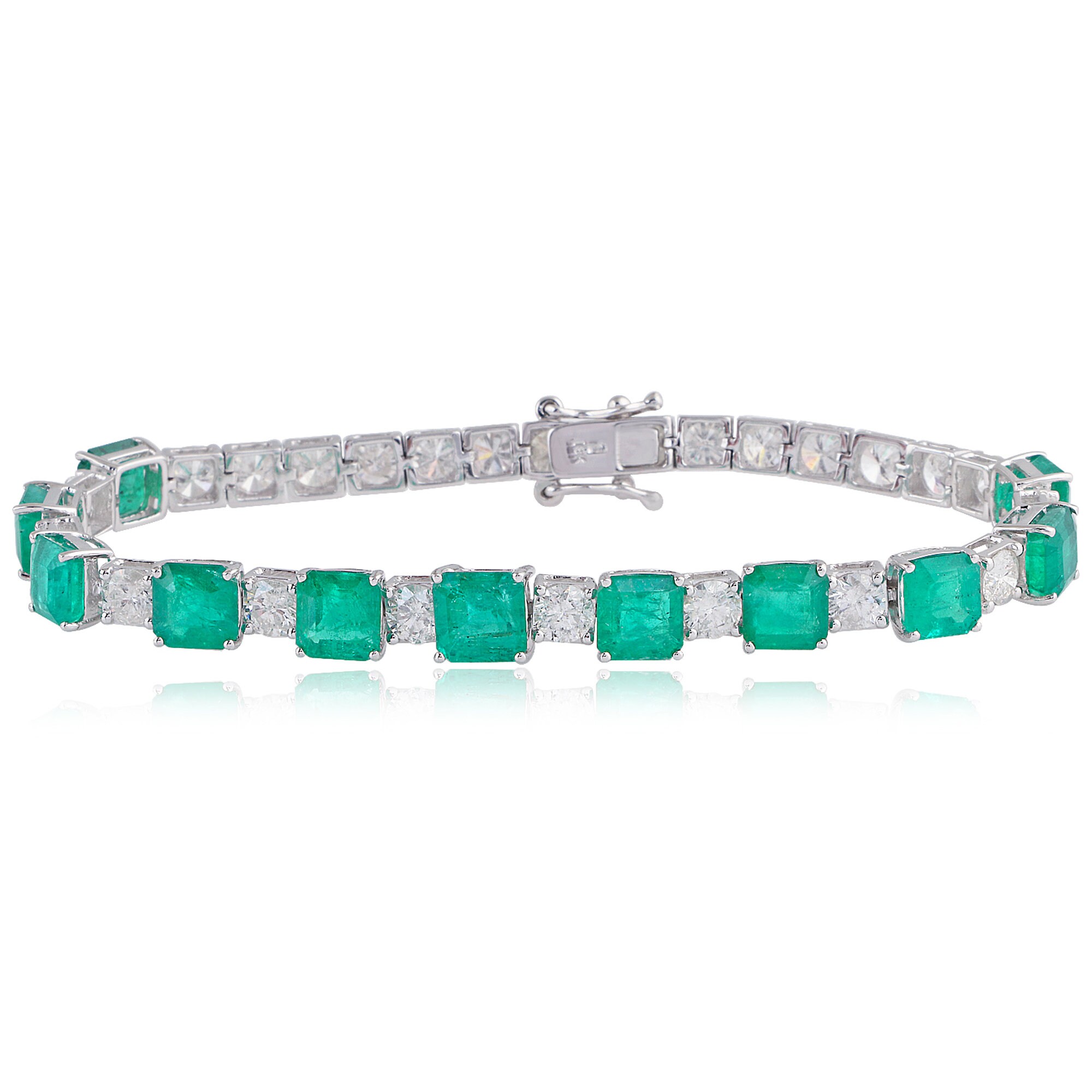 Natural Green Emerald & Diamond Tennis Bracelet, 14K Gold Round Cut Delicate Bracelet