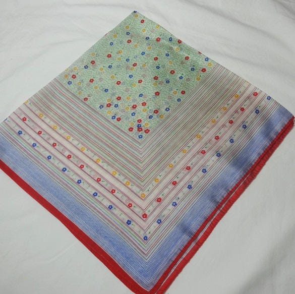 1970S Scarf in Cotton Blend Calico & Pin Stripe With Red Trim, 24.5 X 25.5 Inch, Country Look, Vintage & Clothing Accessory Fashion